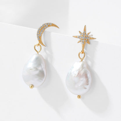 Star and Moon Baroque Pearl Drop Earrings