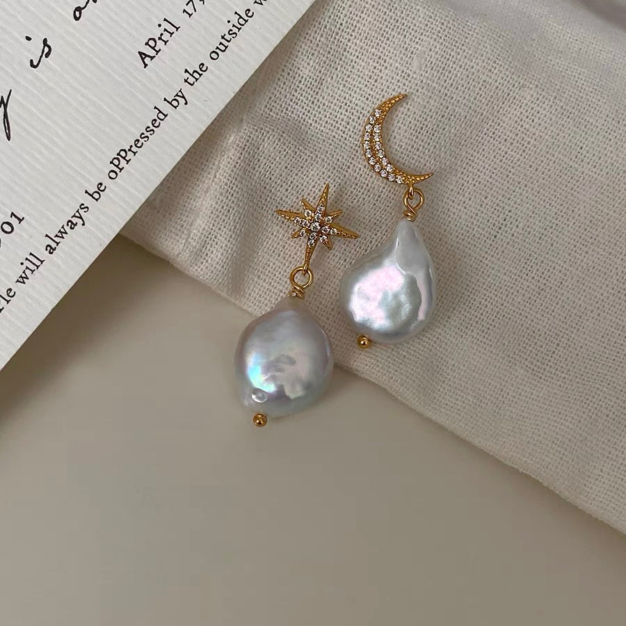 Star and Moon Baroque Pearl Drop Earrings